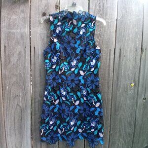 EAC DRESS WOMENS Sz 4 BLACK BLUE FLORAL PRINT EYELET MIDI SLEEVELESS HALTER ZIP